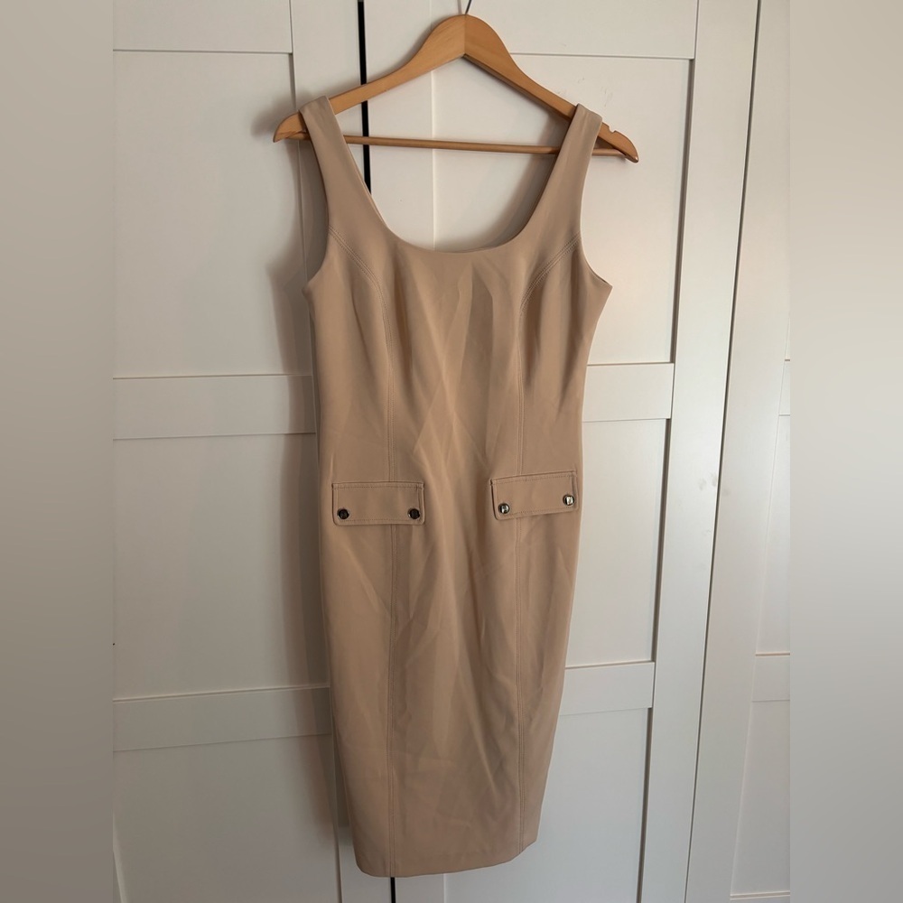 Karl Lagerfeld Crepe Sheath Dress in Tan Size 4 Midi length - Picture 3 of 9